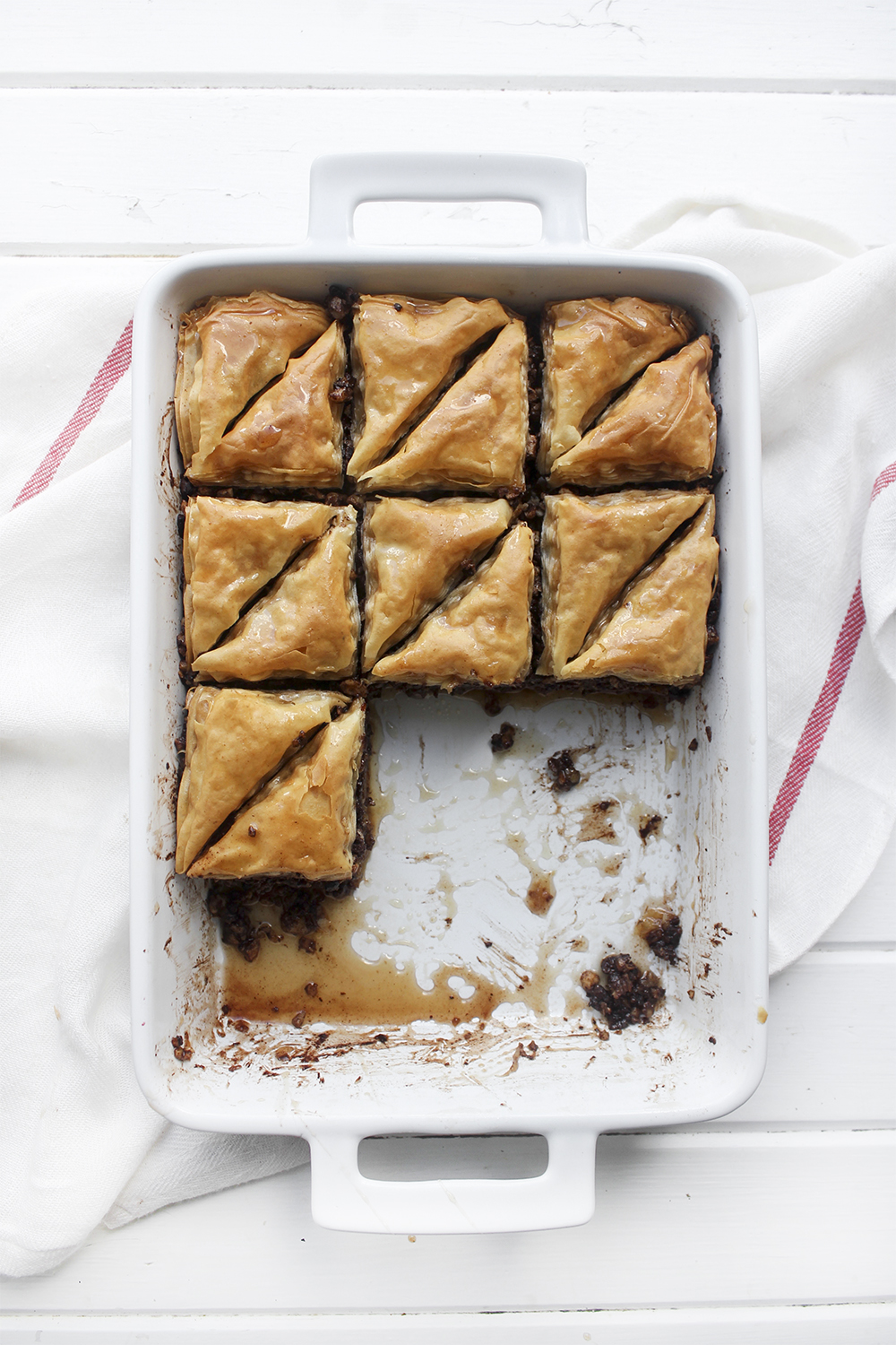 Chocolate Hazelnut Baklava - Flaky, crispy phyllo dough layered with hazelnuts and bittersweet chocolate chocolate, topped with a honey-cocoa nib syrup that provides a twist on the traditional walnut/almond greek baklava dish #baklava #dessert #dessertrecipe #sweetdessert #phyllodough #phyllo #hazelnut #chocolate 