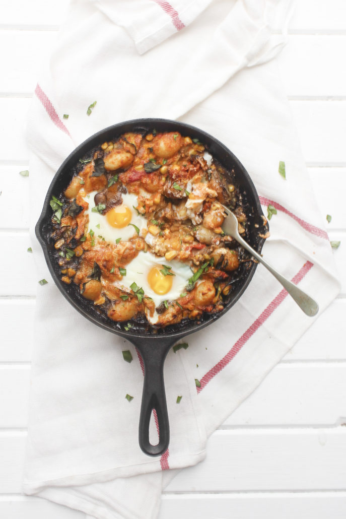 Tomato Pesto, Grilled Corn and Gnocchi Egg Bake